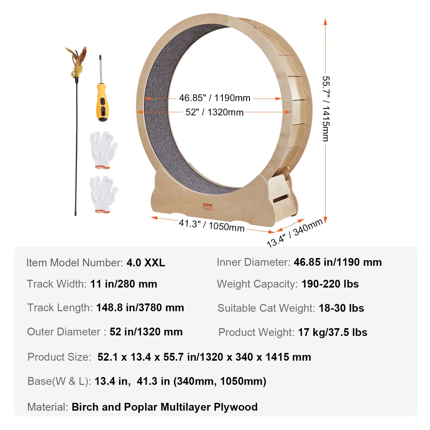 VEVOR Cat Exercise Wheel – Silent Wooden Treadmill with Detachable Carpet for Cat Fitness