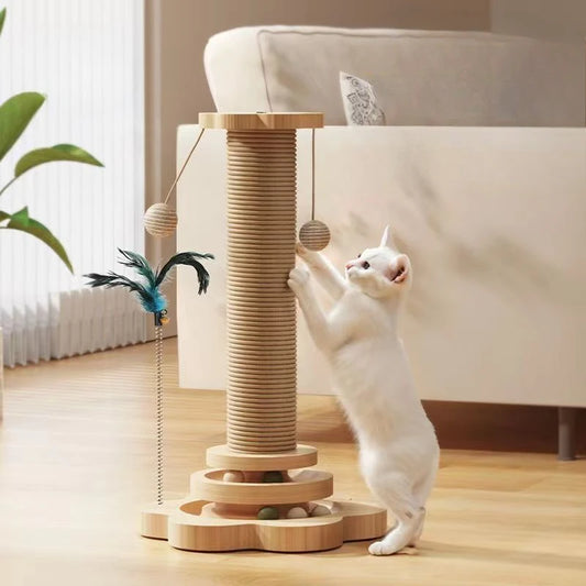 Interactive Cat Toy with Sisal Scratching Board & Turntable – Durable Cat Scratch Post with Balls and Stick