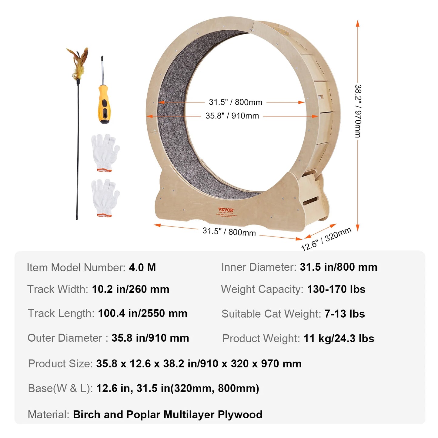 VEVOR Cat Exercise Wheel – Silent Wooden Treadmill with Detachable Carpet for Cat Fitness