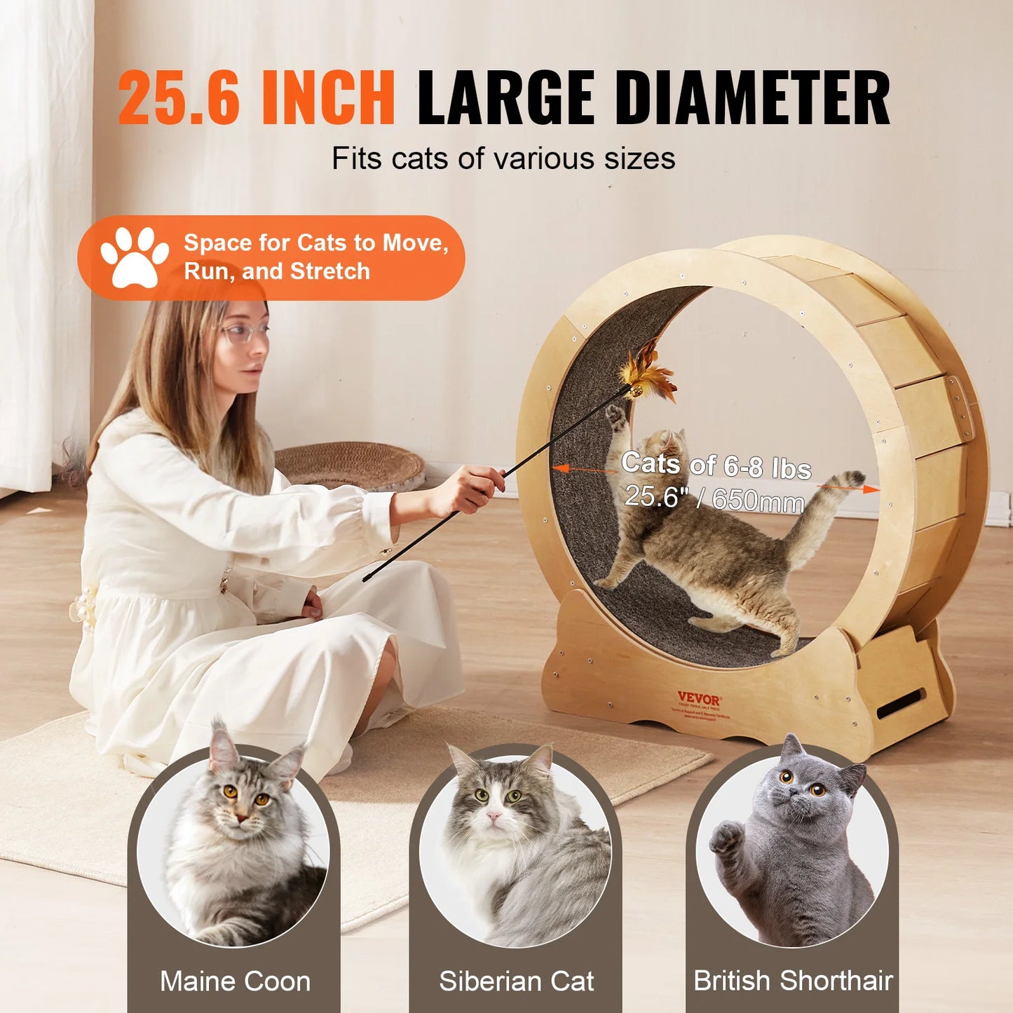 VEVOR Cat Exercise Wheel – Silent Wooden Treadmill with Detachable Carpet for Cat Fitness