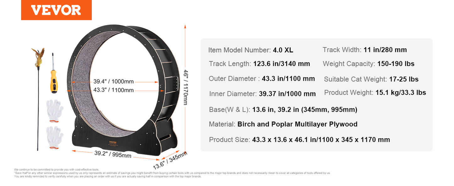 VEVOR Cat Exercise Wheel – Silent Wooden Treadmill with Detachable Carpet for Cat Fitness