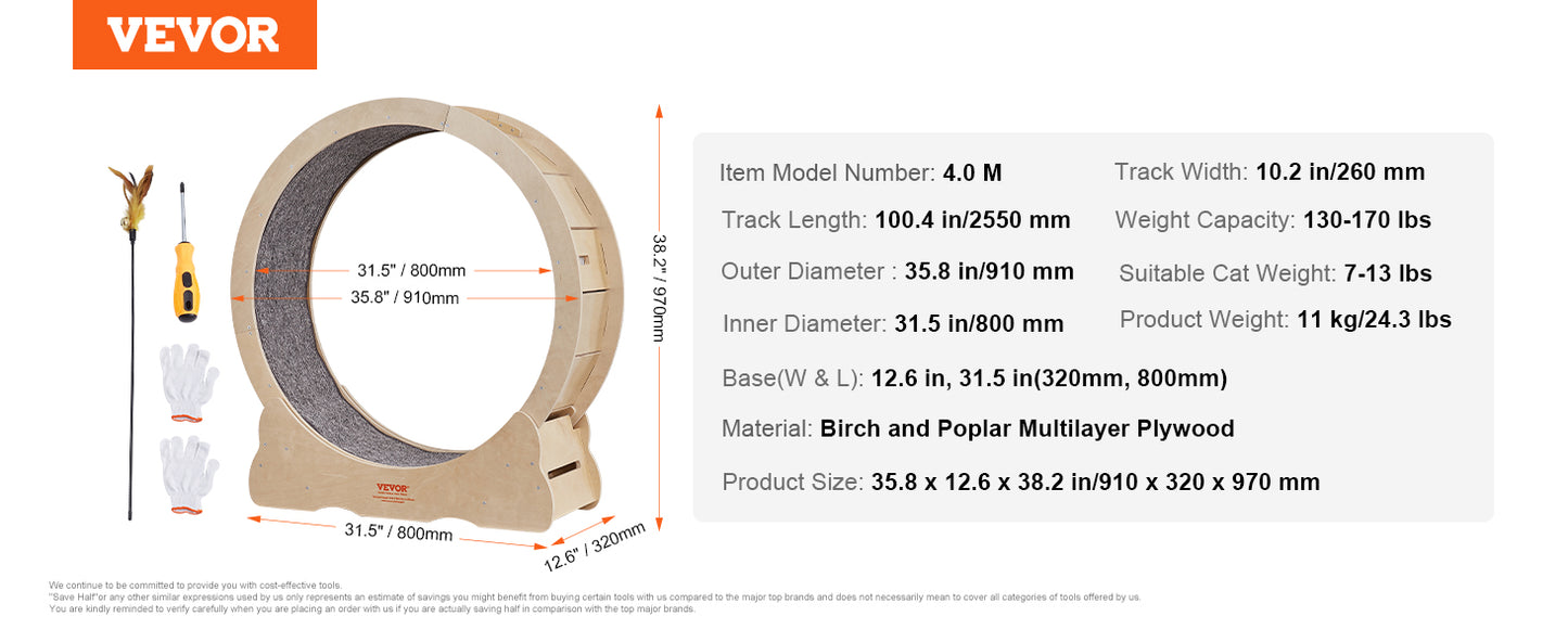 VEVOR Cat Exercise Wheel – Silent Wooden Treadmill with Detachable Carpet for Cat Fitness