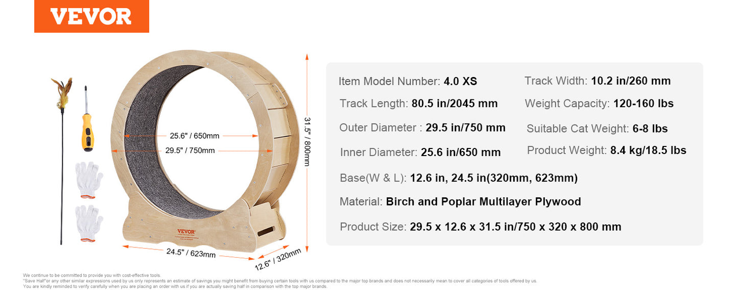 VEVOR Cat Exercise Wheel – Silent Wooden Treadmill with Detachable Carpet for Cat Fitness